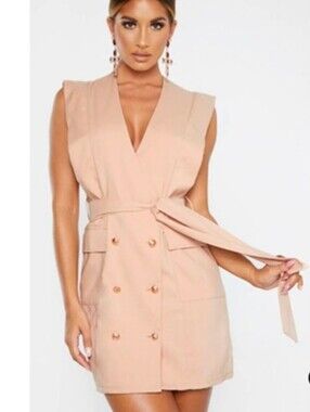 PrettyLittleThing Nude Double-Breasted Wrap Mini Dress With Belt, Size 4
